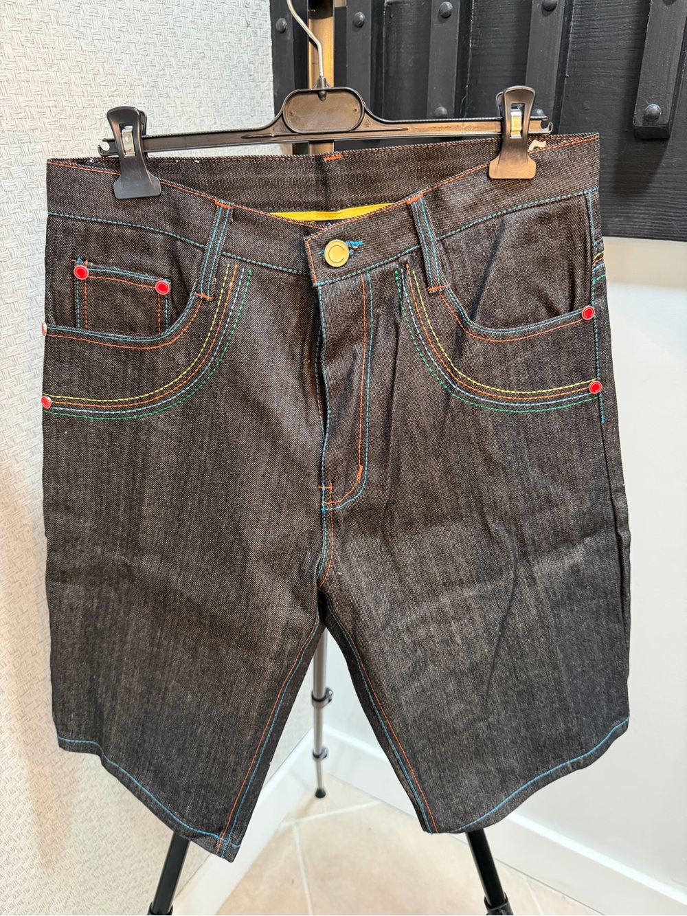 COOGI Black Denim Shorts with Rainbow Stitching